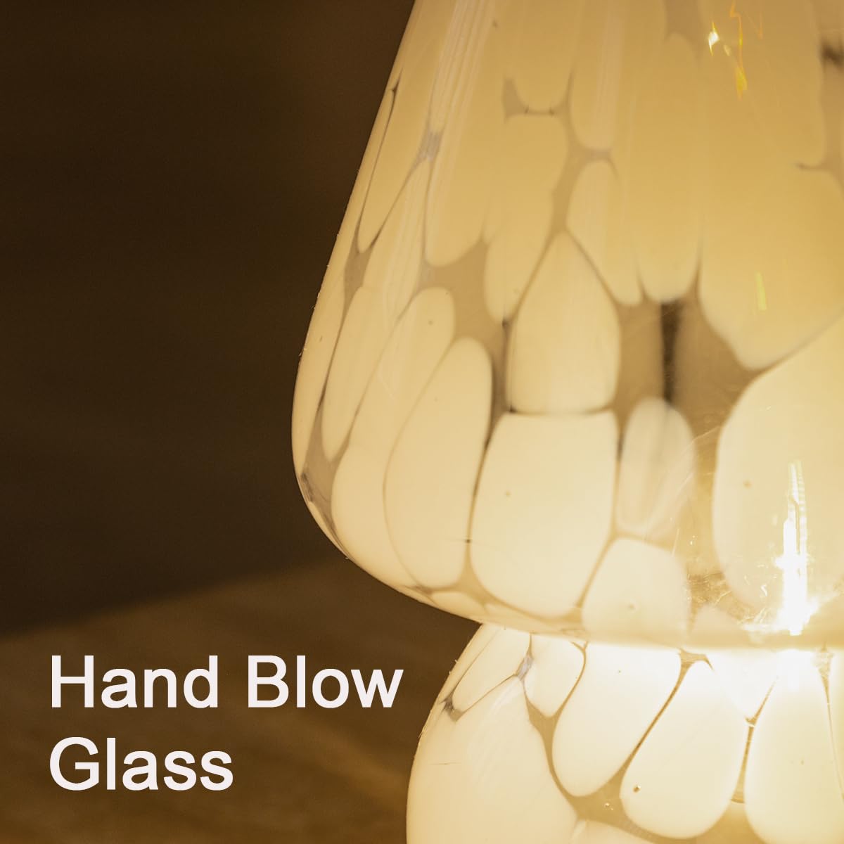 Heqet Cordless Mushroom Lamp - Cute Glass Table Light, Battery Operated, White With Dot