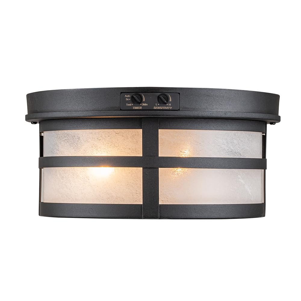 Oupavocs Flush Mount Outdoor Ceiling Light With Motion Sensor, Front Porch Light Ceiling Mount, Adjustable Sensor 2-Light Black