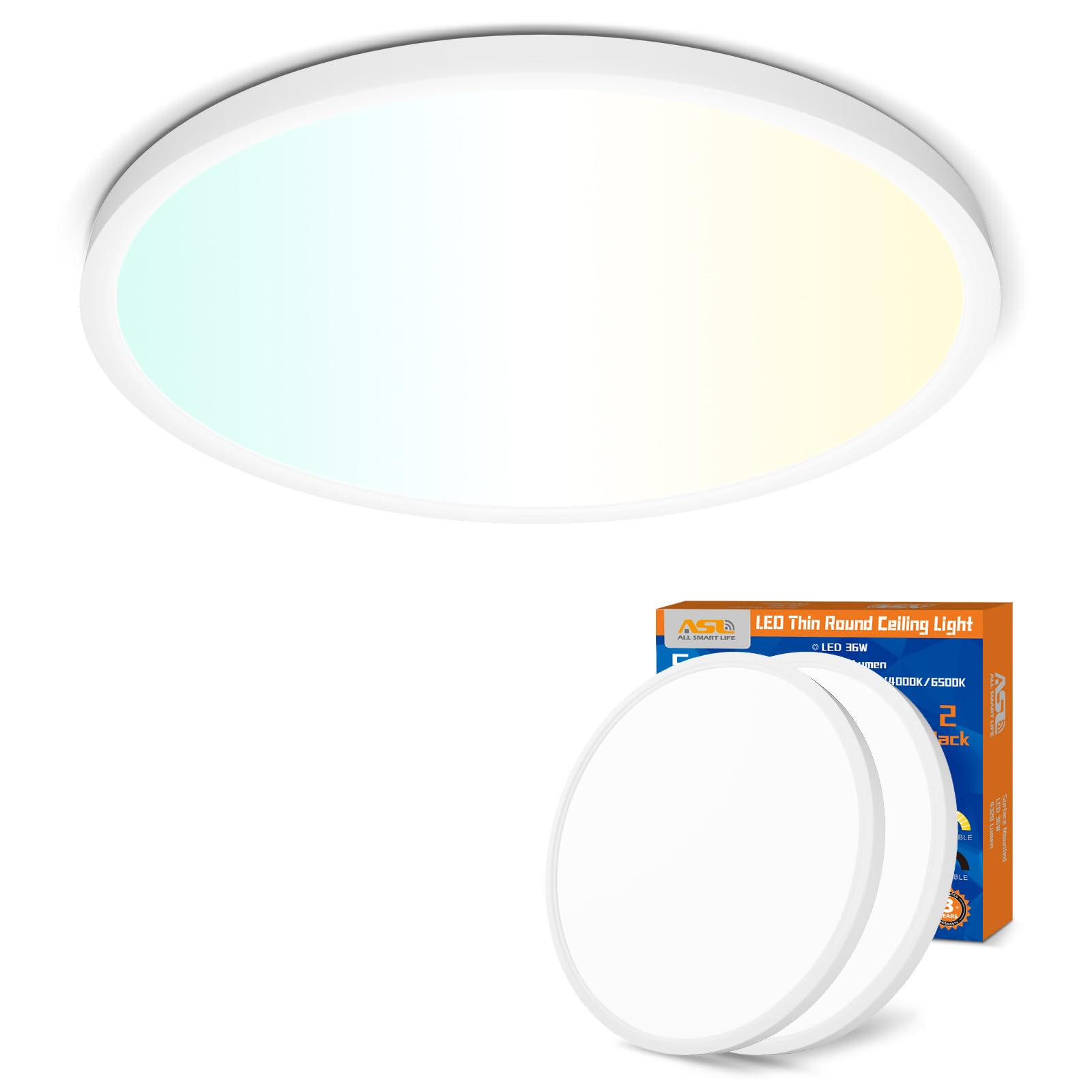Allsmartlife Led Flush Mount Ceiling Light 2-Pack, 18 inch 36W 4650lm Dimmable Led Ceiling Light, 3000K/4000K/6500K, Round Led L