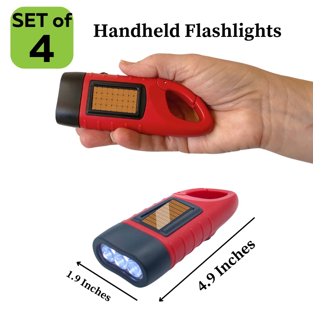 Evelots Hand Crank Solar Powered Flashlights ( 4 Pack ) Rechargeable Emergency Survival Flashlight For Camping , Car - Easy 3 Le