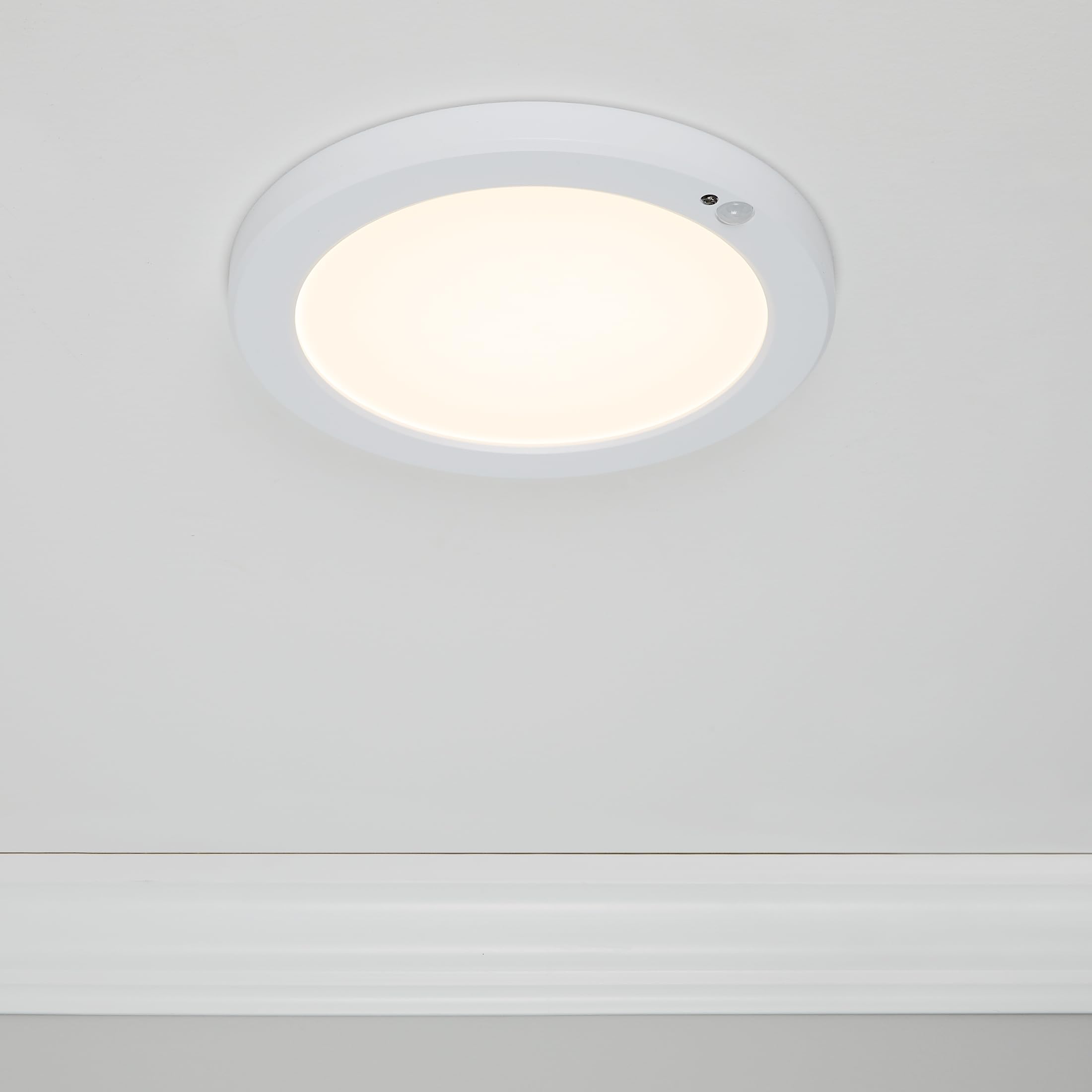 Maxxima 9 In. Round Ceiling Mount Light Fixture - Features Motion Sensor, 1500 Lumens, 3000K Warm White, Automatic Dusk To Dawn