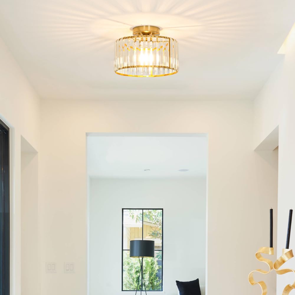Crystal Ceiling Light Fixture, Modern Semi Flush Mount Ceiling Light, Gold Hallway Lighting Fixtures Chandelier For Kitchen, Clo