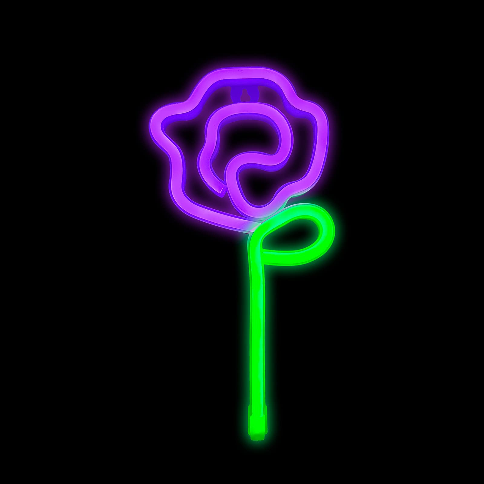 ENUOLI LED Neon Rose Flower Wall Sign, Green Stem, Purple Color, Model nNH.G053PP+GG, Ideal for Bedroom, Party, and Holiday Decor