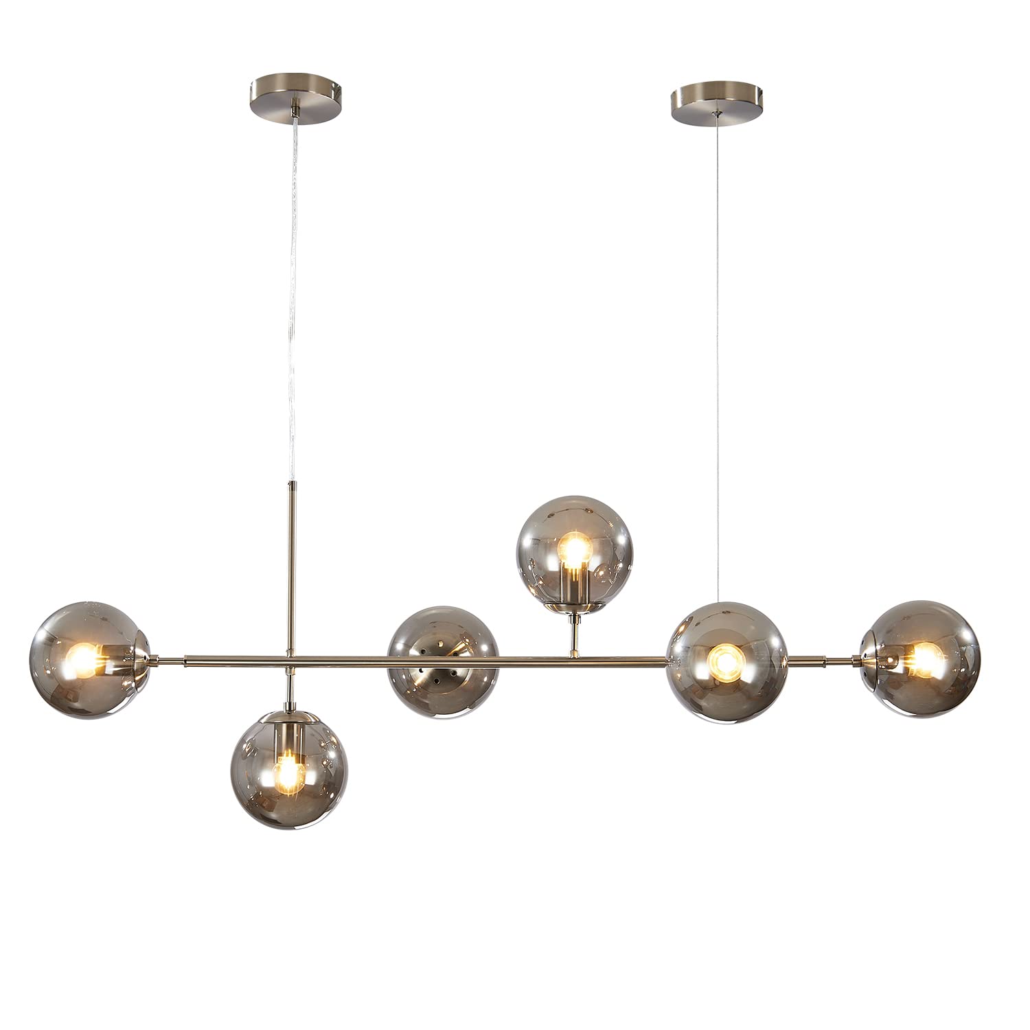 KCO 6-Light Modern Ceiling Pendant Lamp, Mid-Century Glass Globes, Adjustable Chandelier for Kitchen Island, Silver+Smoke Grey
