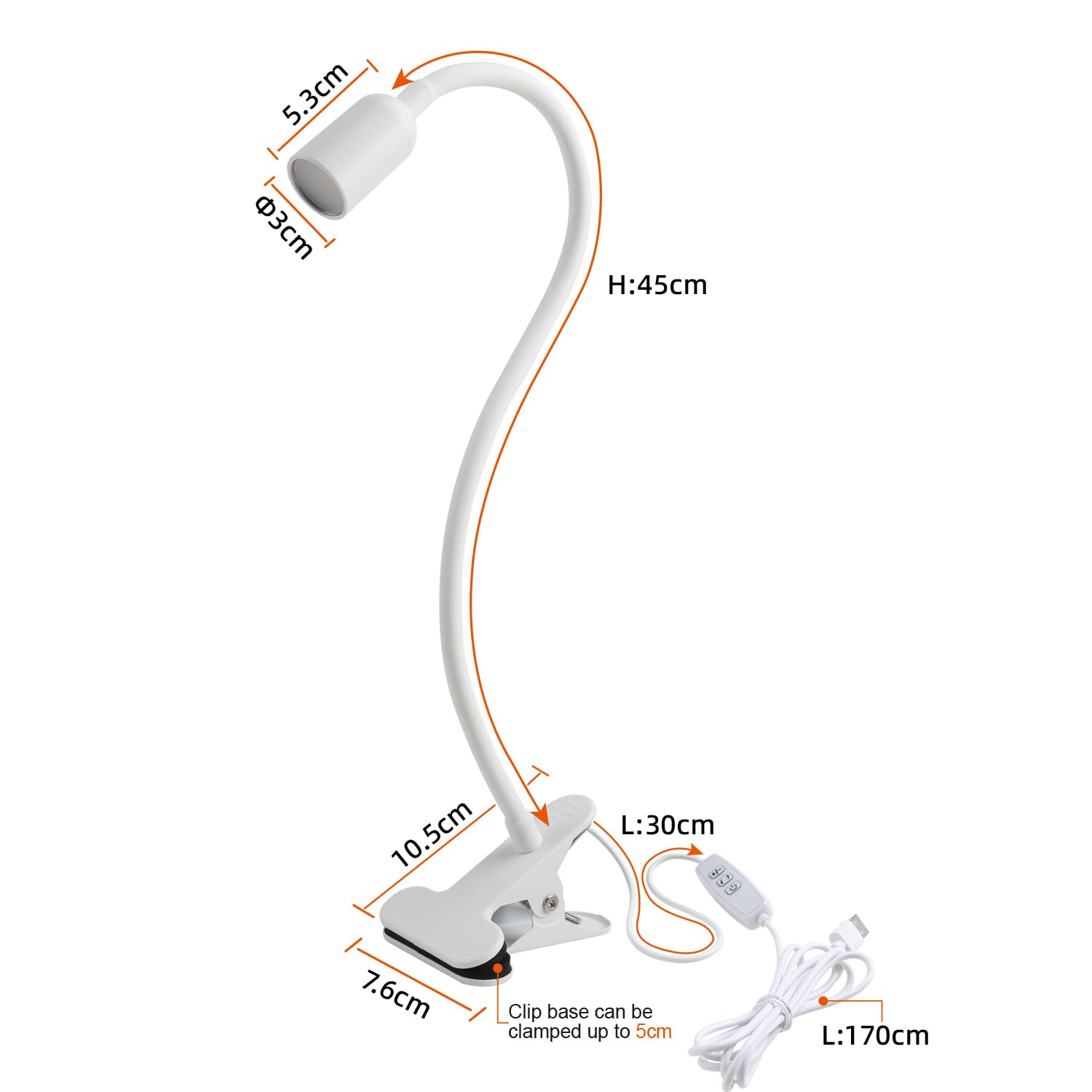 DAMI LED Reading Light - Dimmable USB Clip-on Spotlight Lamp for Bed & Desk, Flexible Gooseneck, Color Temp 3000/4000/6000K, White