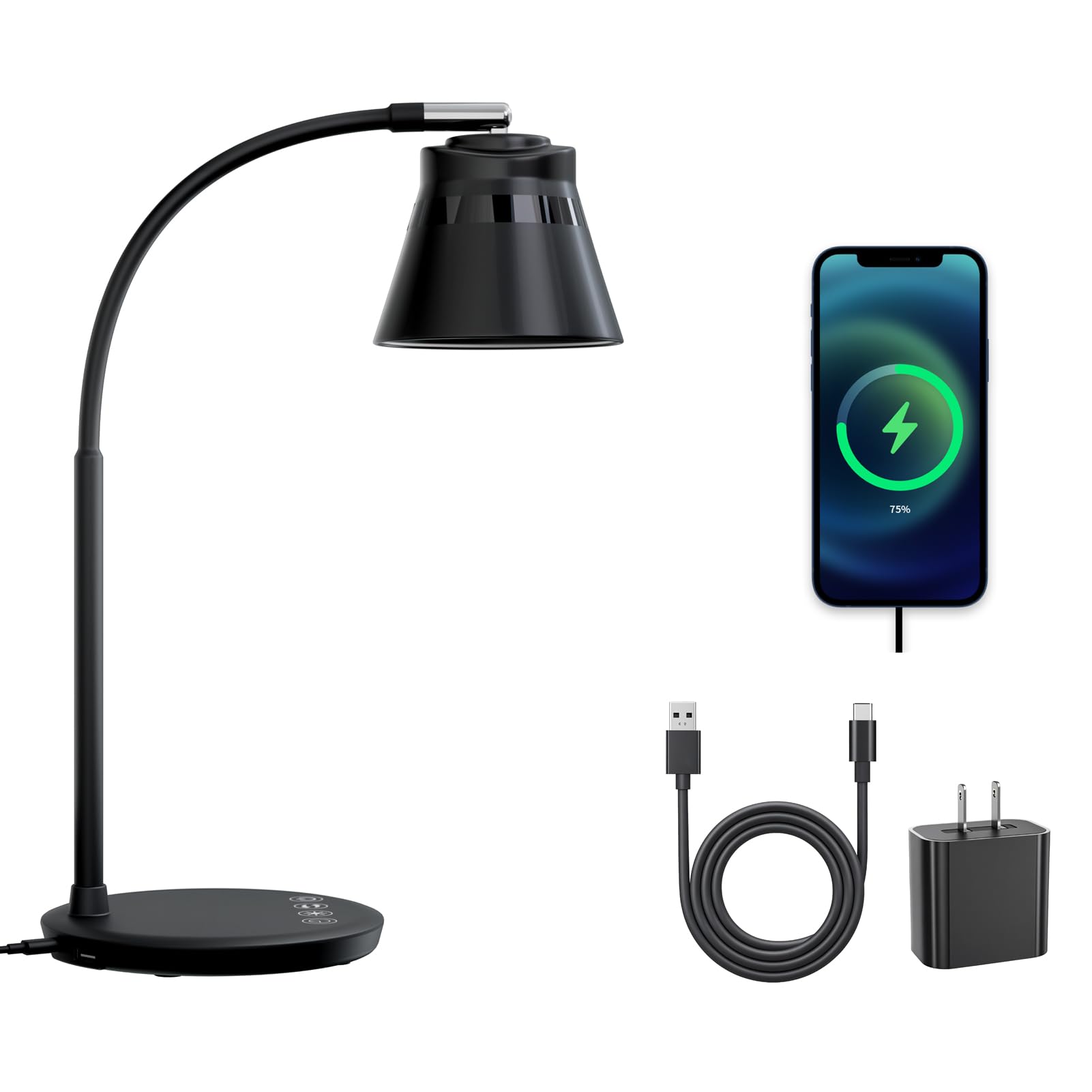 AXX TU08 LED Small Desk Lamp with USB Charging Port, 650 Lumens 3-Color Modes, 5-Touch Dimming, 30/60-Minute Timer, 18-Inch Blac