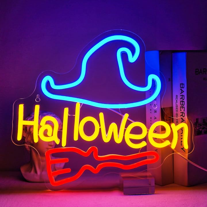 NOSUN Neon Sign - Halloween Broom & Wizard Hat Decor - Acrylic - Red & Blue - Wall Light for Party, Bar, Bedroom, Kids & mature-themeds