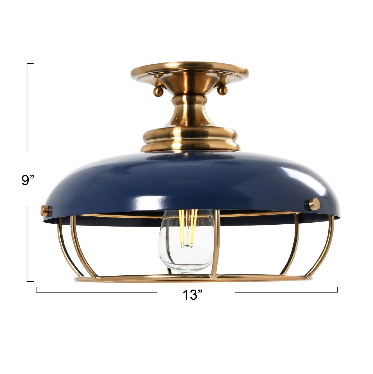 Robert Stevenson Lighting - Presley Caged Dome Metal Semi-Flush Mount Ceiling Light, Brushed Brass And Navy Blue