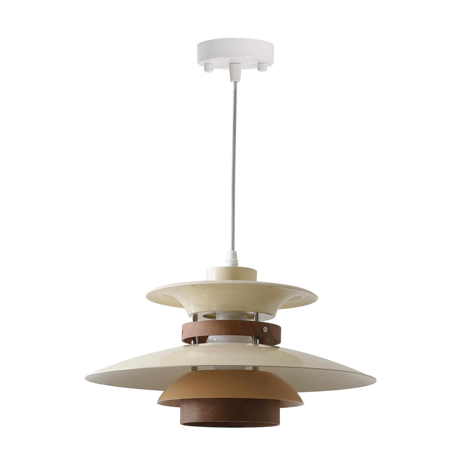 EFINEHOME Modern Adjustable Pendant Lamp, 1-Light E26, Aluminum & Wood, 35cm, Beige+Dark Wood Grain, Model EFLM22385H
