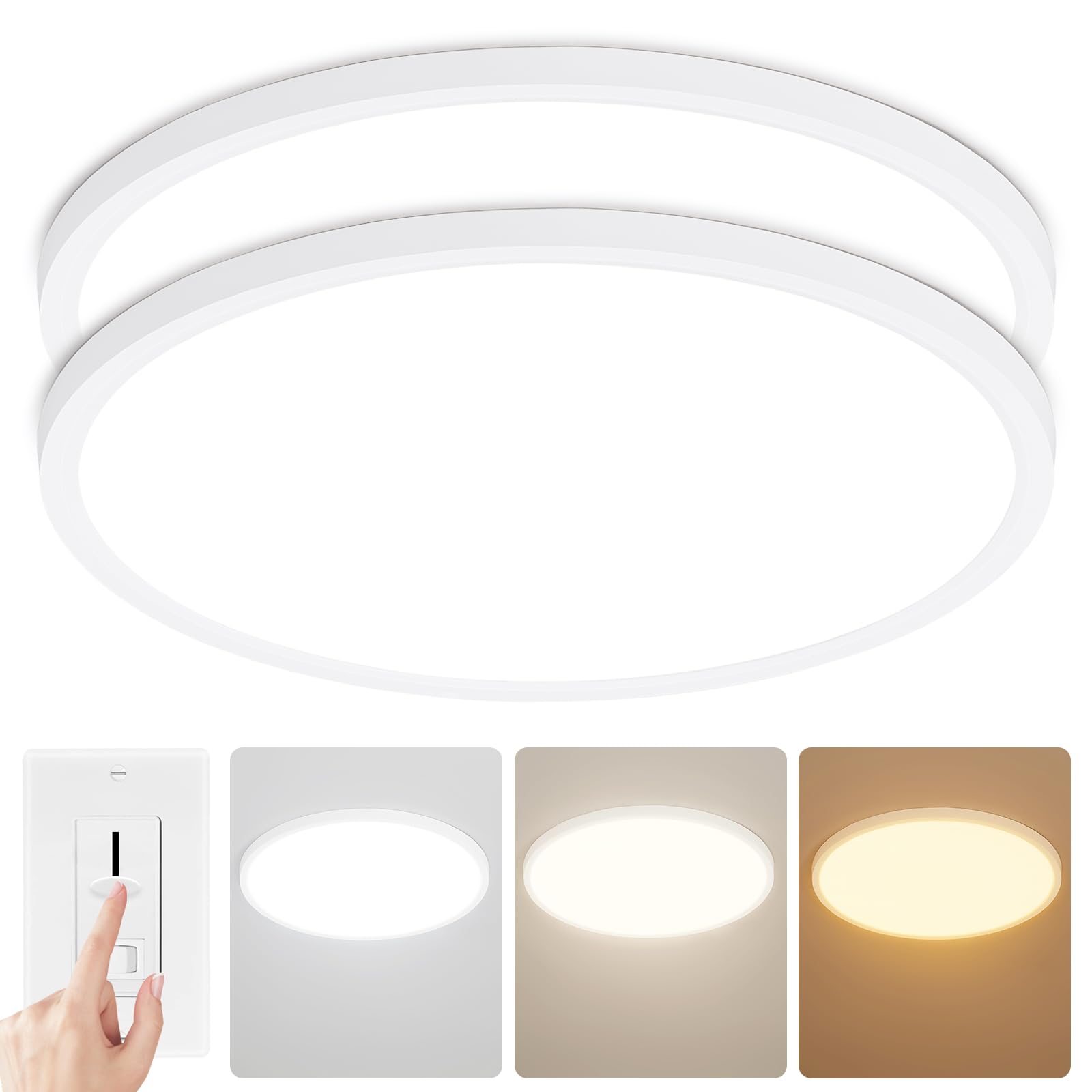 Glowall 2 Packs 16'' Led Ceiling Light Fixture, 0.67 Inch Ultra Thin Flush Mount, Dimmable & 3000K/4500K/6000K Selectable, 28W 3