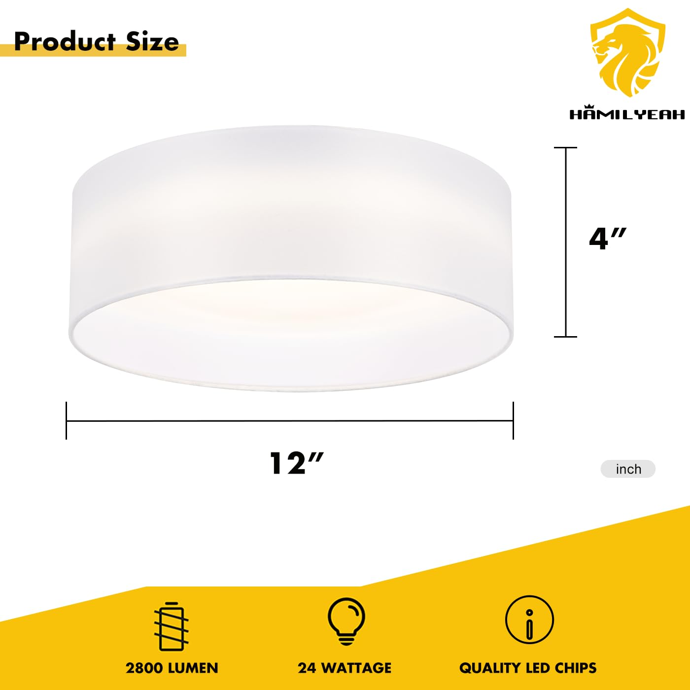 Hamilyeah Flush Mount Ceiling Light With White Fabric Shade, 24W Led Ceiling Light Fixture 12 Inch, Modern Bedroom Light Fixture