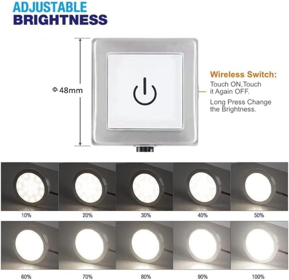 VST Under Cabinet Lighting Puck Lights, 3000K Warm White, 12V 2W, Black 10 Pack, Wired Touch Dimmer Switch, Model PL05