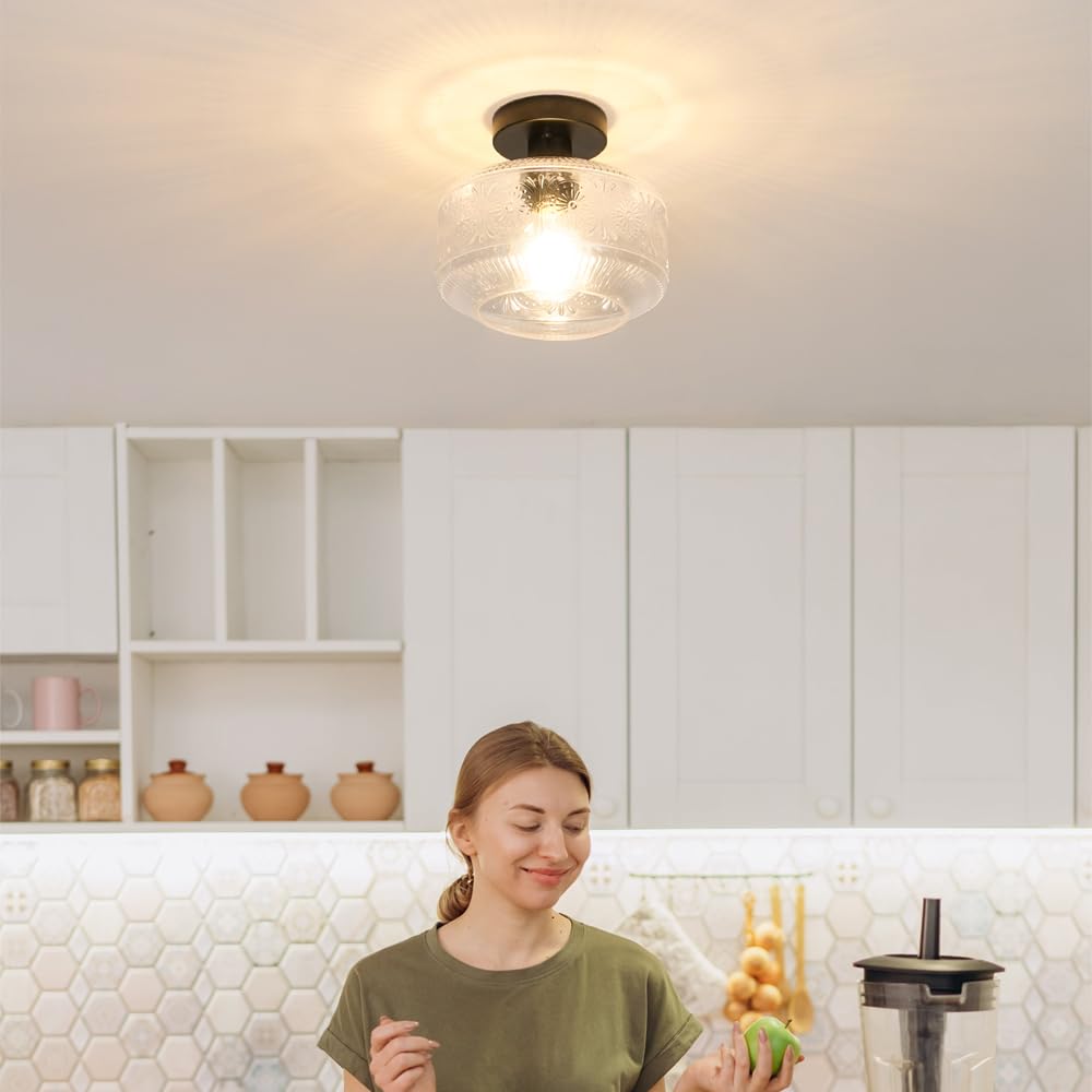 Dsmjfu Semi Flush Mount Ceiling Light, Vintage Small Ceiling Light Fixture, Thickened Glass Hallway Light Fixture, Black Kitchen Ceiling Mount Light For Entry Way, Bedroom, Bathroom, Porch