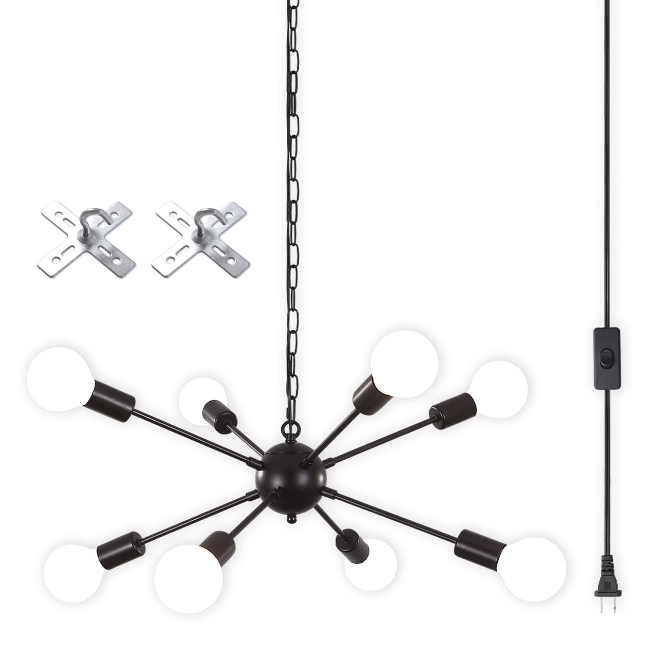 Lasenchoo 8-Light Black Plug-In Chandelier With 16.4Ft Cord & Switch - Modern Sputnik Pendant Light