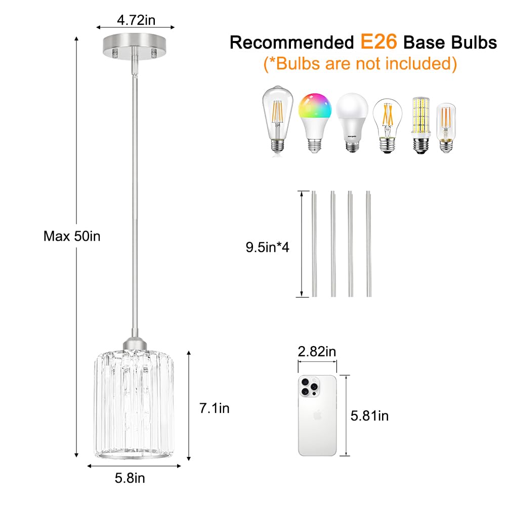 Lxybcce Chrome Kitchen Pendant Lights Over Island With Adjustable Rods - Crystal Pendant Lighting Fixtures 3 Pack  Ideal Over Dining Table Or Bar  E26 Bulb Compatible  No Electrician Needed