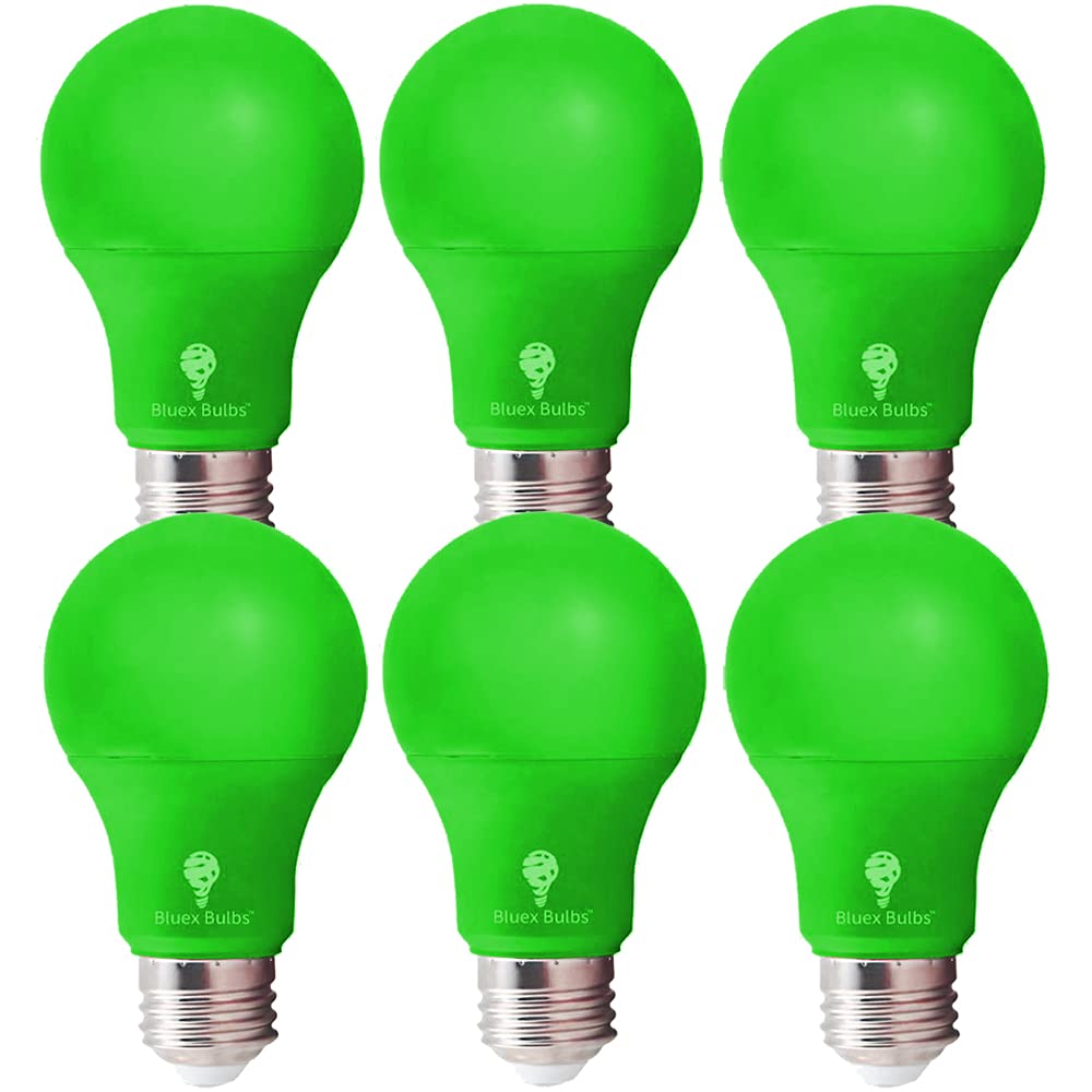 Bluex Bulbs A19 LED Green Light Bulbs - 9W (60W Equivalent) - 6 Count - E26 Base - Plastic
