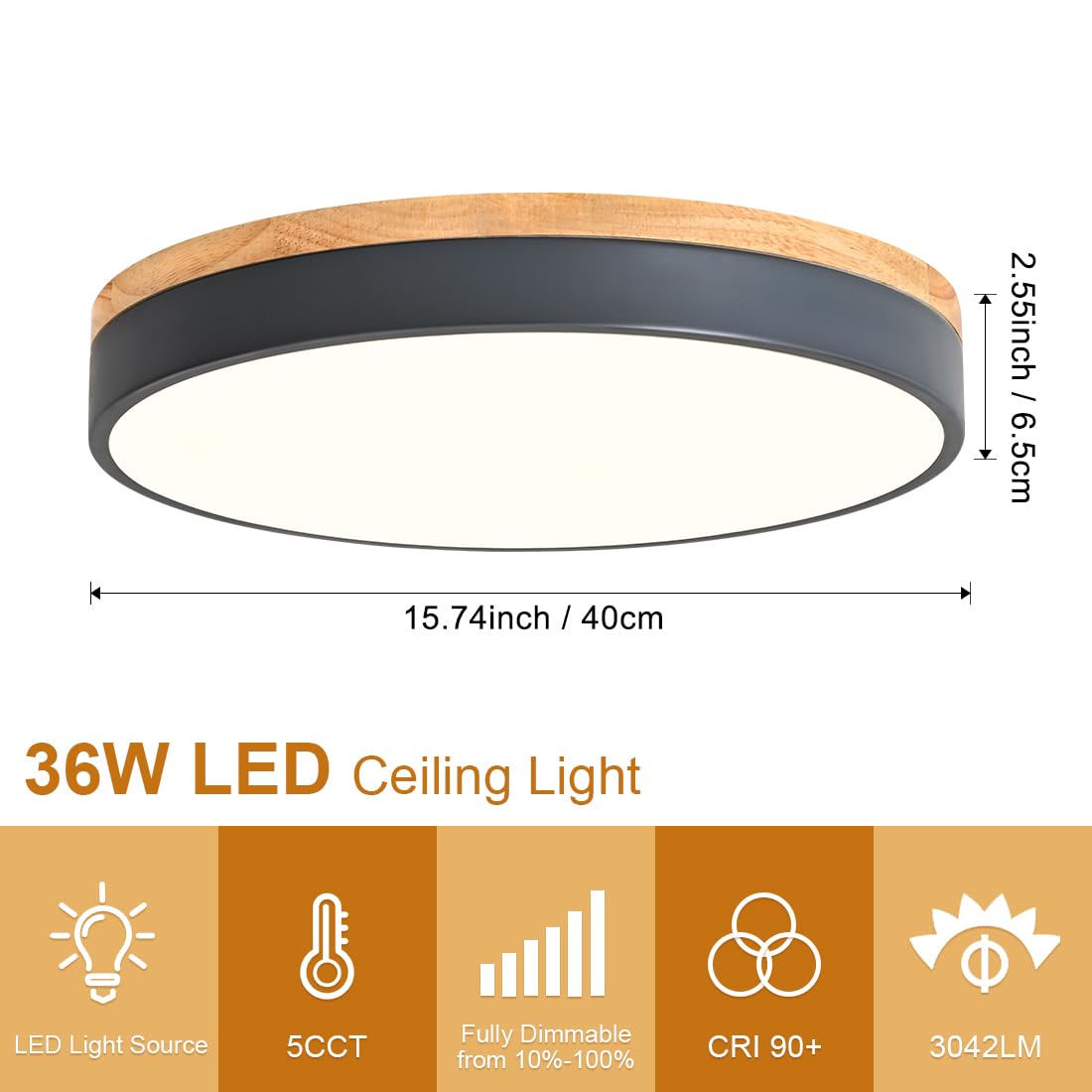 Goomavi Dimmable Wood Led Close To Ceiling Light, Modern 2700K-6000K 5Cct Round Grey Flush Mount Ceiling Light Fixtures, Minimalist Ceiling Lamp For Living Room, Dining Room, Bedroom, Kitchen-15.8In
