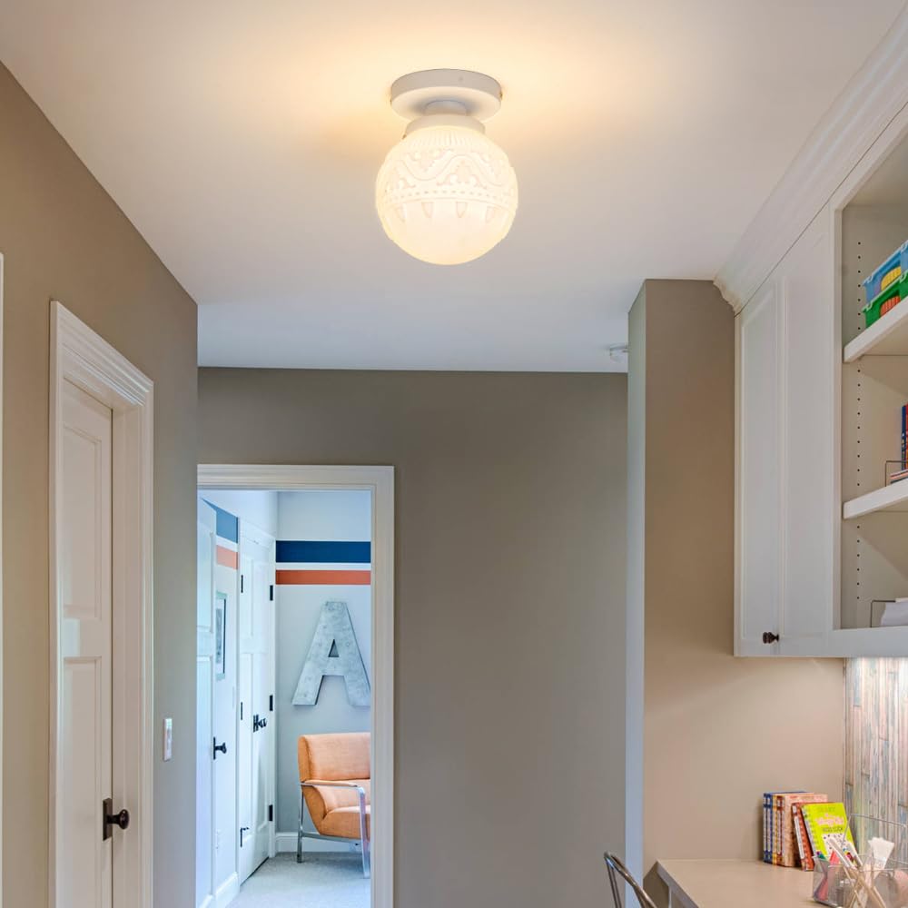 Daunton Semi Flush Mount Ceiling Light, White Hallway Fixture, Vintage With Milky Glass Globe, Close To Ceiling Indoor Hanging L