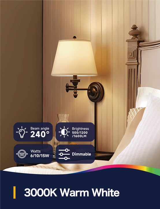 Unilamp 3 Way Led Light Bulbs, Dimmable A19, E26 Base, Warm White 3000K, 30/70/100W Equivalent, 2 Pack For Bedroom, Kitchen, Liv