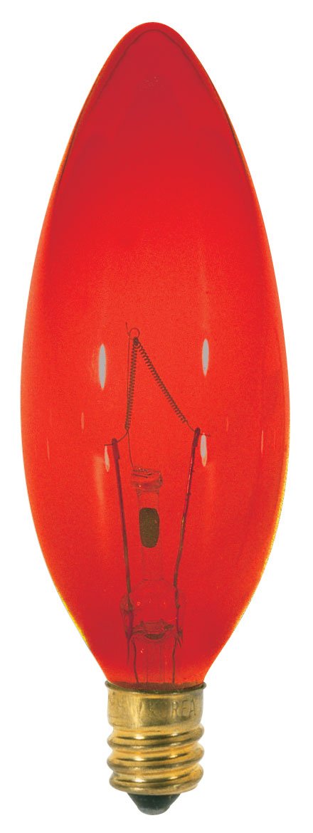Satco S3219 25 Watt B9.5 Incandescent 120 Volt Candelabra Base Light Bulb, Transparent Red