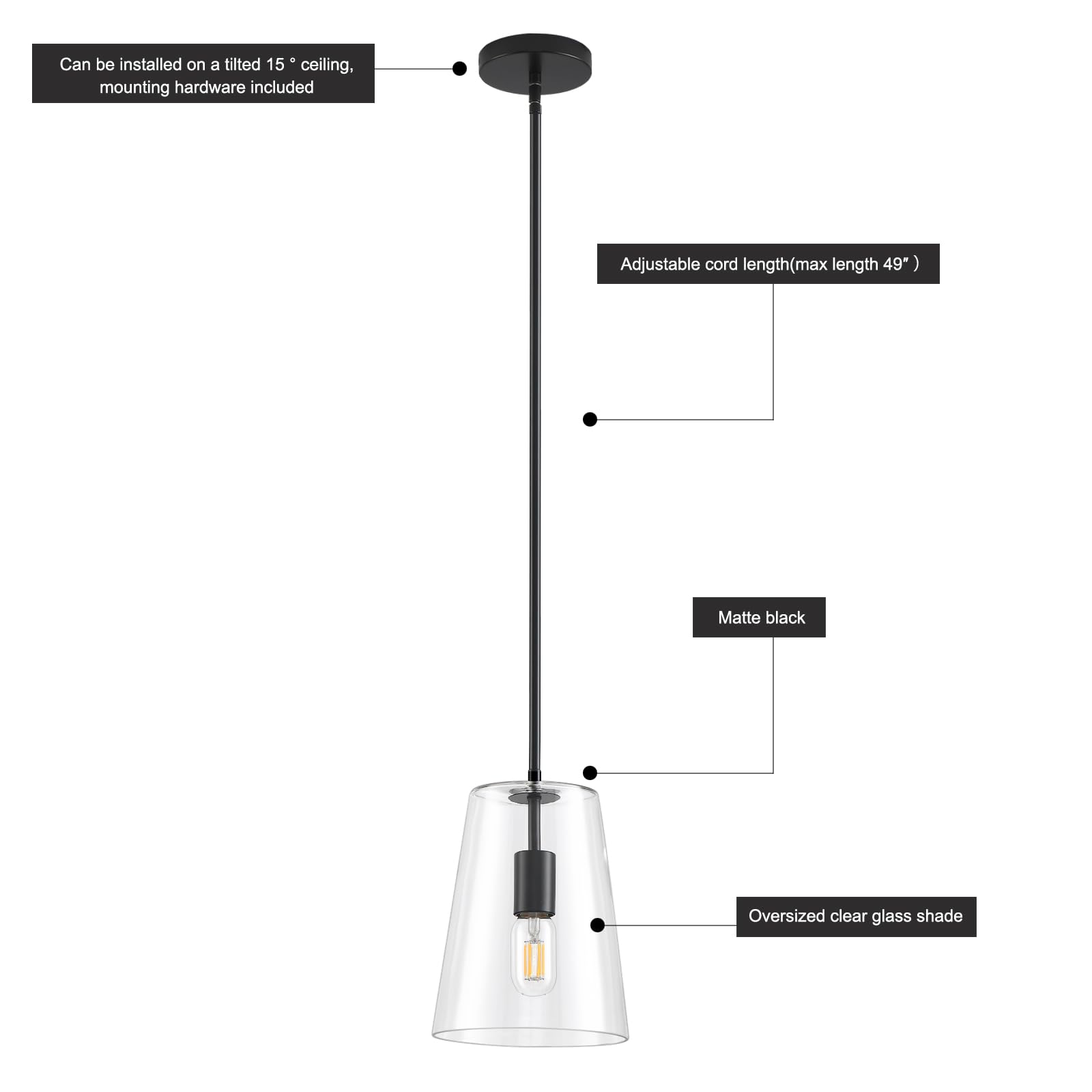 KLSS Black Pendant Lights - Clear Glass Fixture, 12in & 4in Rods, 2 Pack, Metal, Model LDDD002