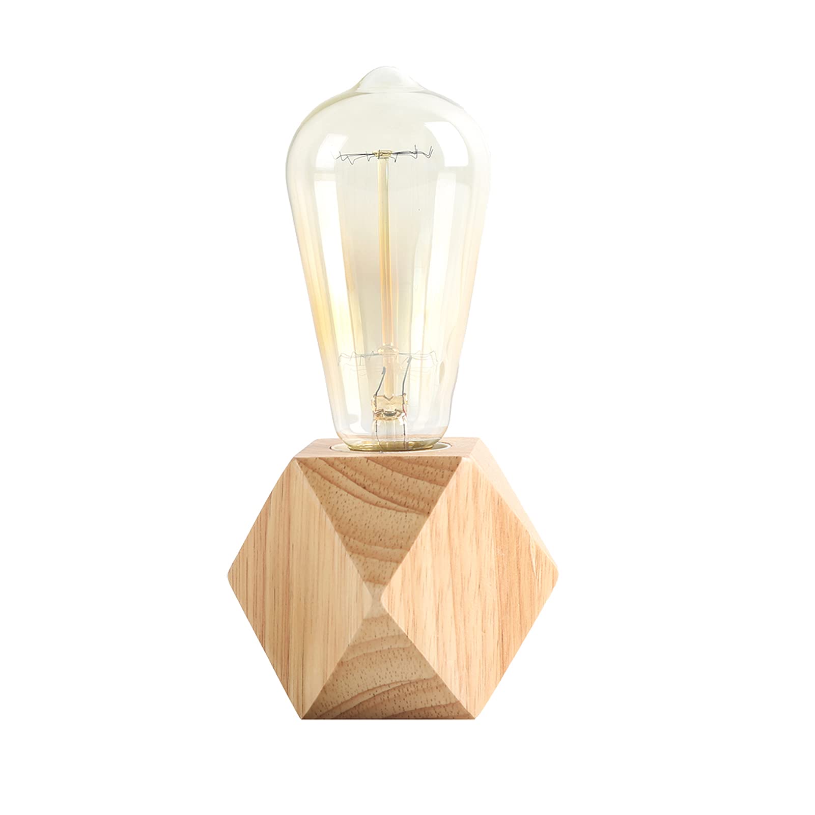 Ouxean Small Wood Table Lamp, Bedside Lamp With Diamond Wooden Base E26 60W Industrial Night Light Boho Deco For Bedroom, Living