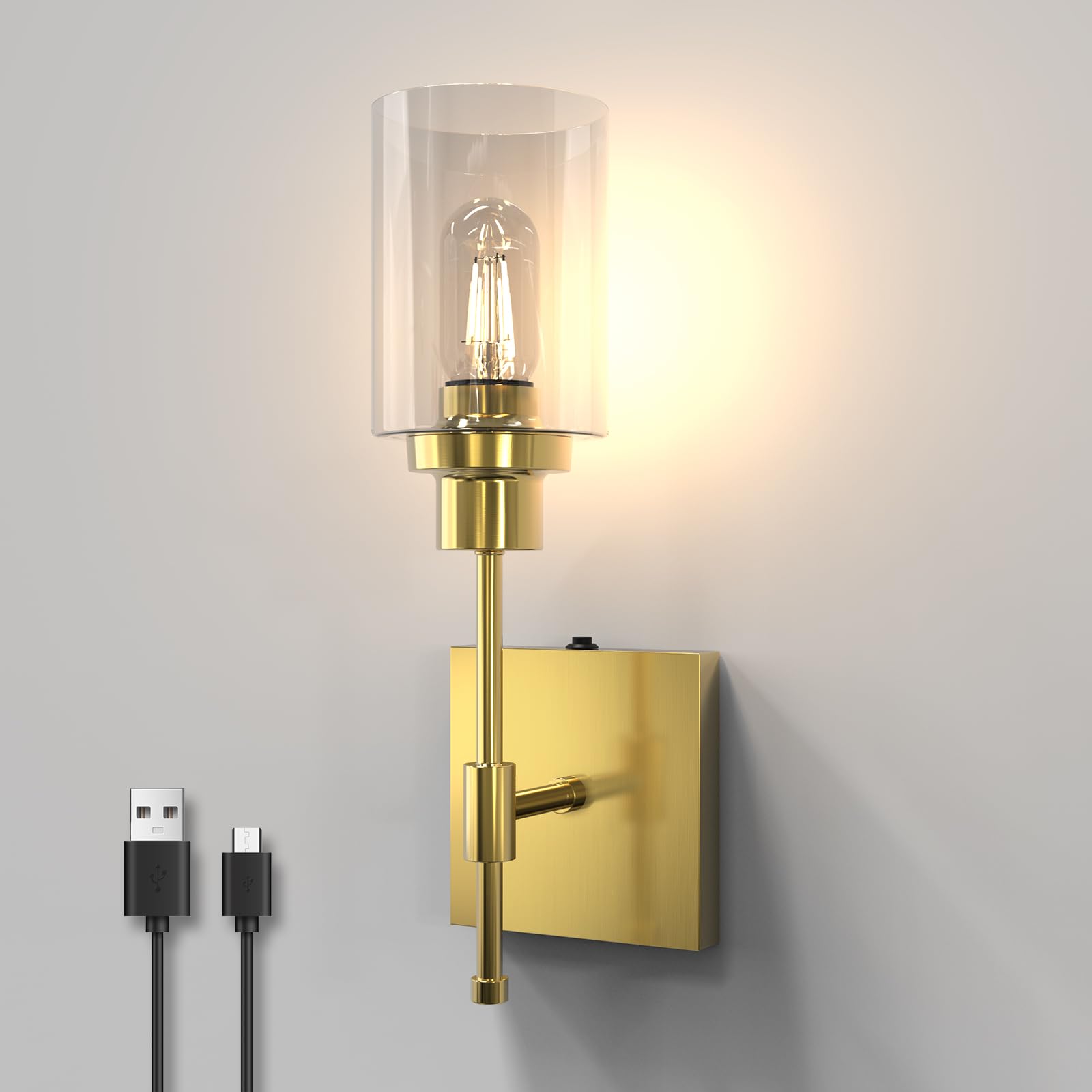 Hymela C02 Battery Operated Wall Sconce 1Pc, No Wired Rechargeable Wall Lamp With Clear Glass Shade Easy Install Cordless Wall L