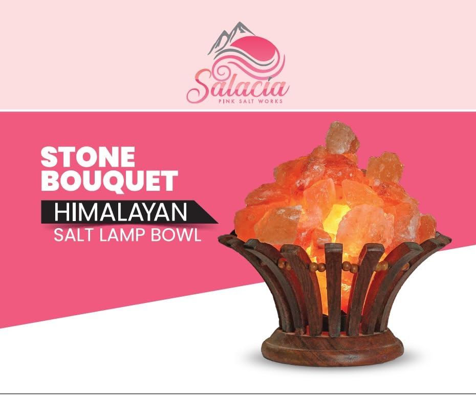 Stone Bouquet - A Himalayan Salt Lamp Bowl With Dimmer Cord - 100% Natural Pink Salt Rocks With Neem Wood Basket, Natural Himala