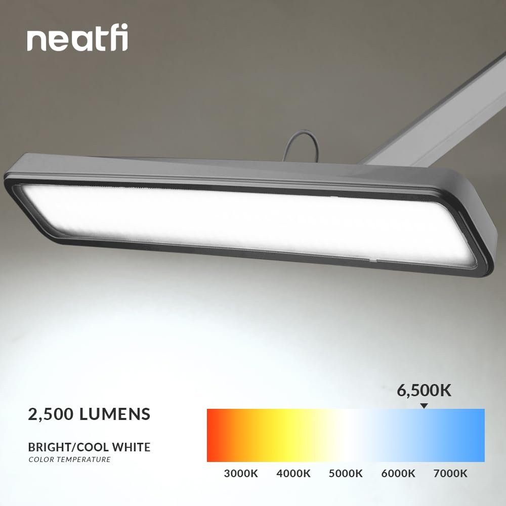 Neatfi XL LED Task Lamp, 2500 Lumens, 30W, 22" Wide, Eye-Caring Silver Desk Light with Clamp, Model 9505LED-30-C