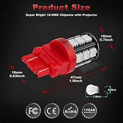 Yorkim LED Light Bulbs, Red, Super Bright, 3157/3156, Pack of 4 for Brake, Backup, and Reverse Lights