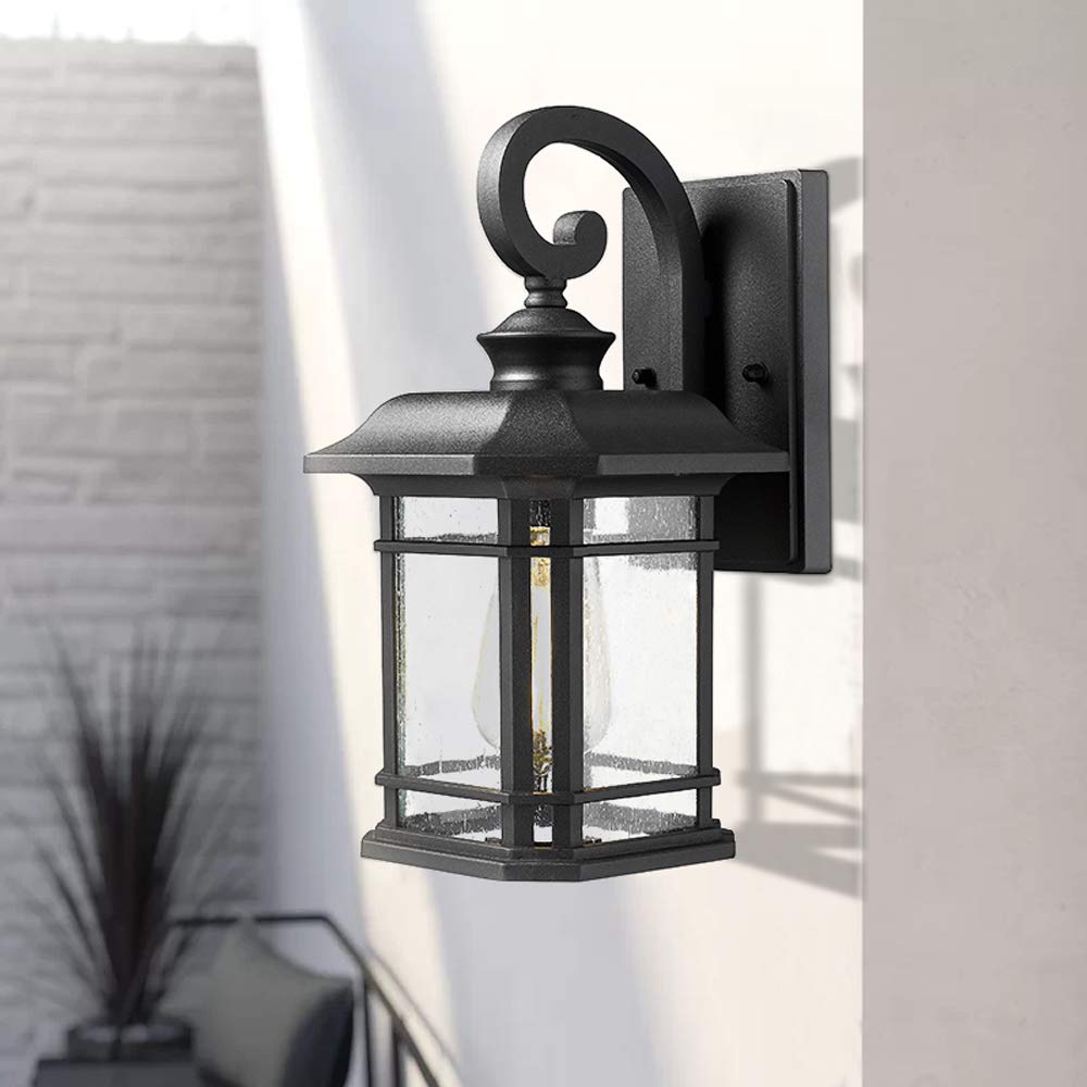 Emliviar 1-Light Outdoor Wall Sconce, Black Metal With Clear Seeded Glass, 17&quot; Height