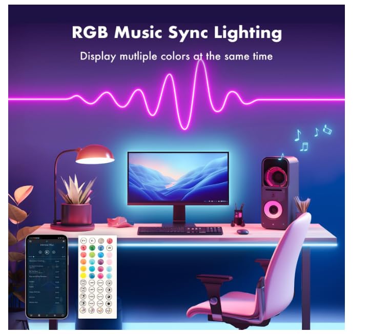 TFZBA LED Strip Lights, RGB Neon Rope Lights, 49FT, IP67 Waterproof, Remote Control, Music Sync, Color Changing, White