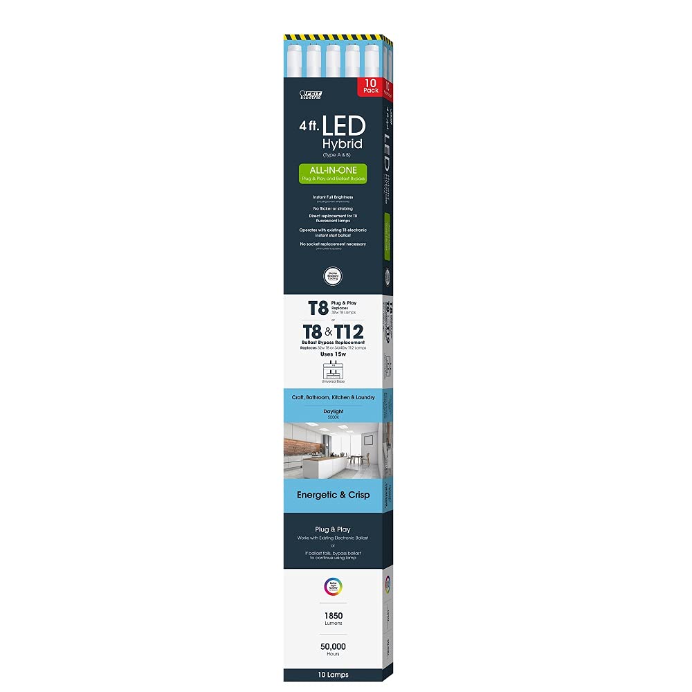 Feit Electric T8 LED Tube Light, 15W (40W Equivalent), 4FT, 5000K Daylight, Glass, Model T4815/850/AB/LED/