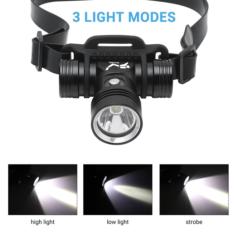 BORUIT B14 Diving Headlamp - Rechargeable, IPX8 Waterproof, 3 Light Modes, Black, 60M Underwater Use