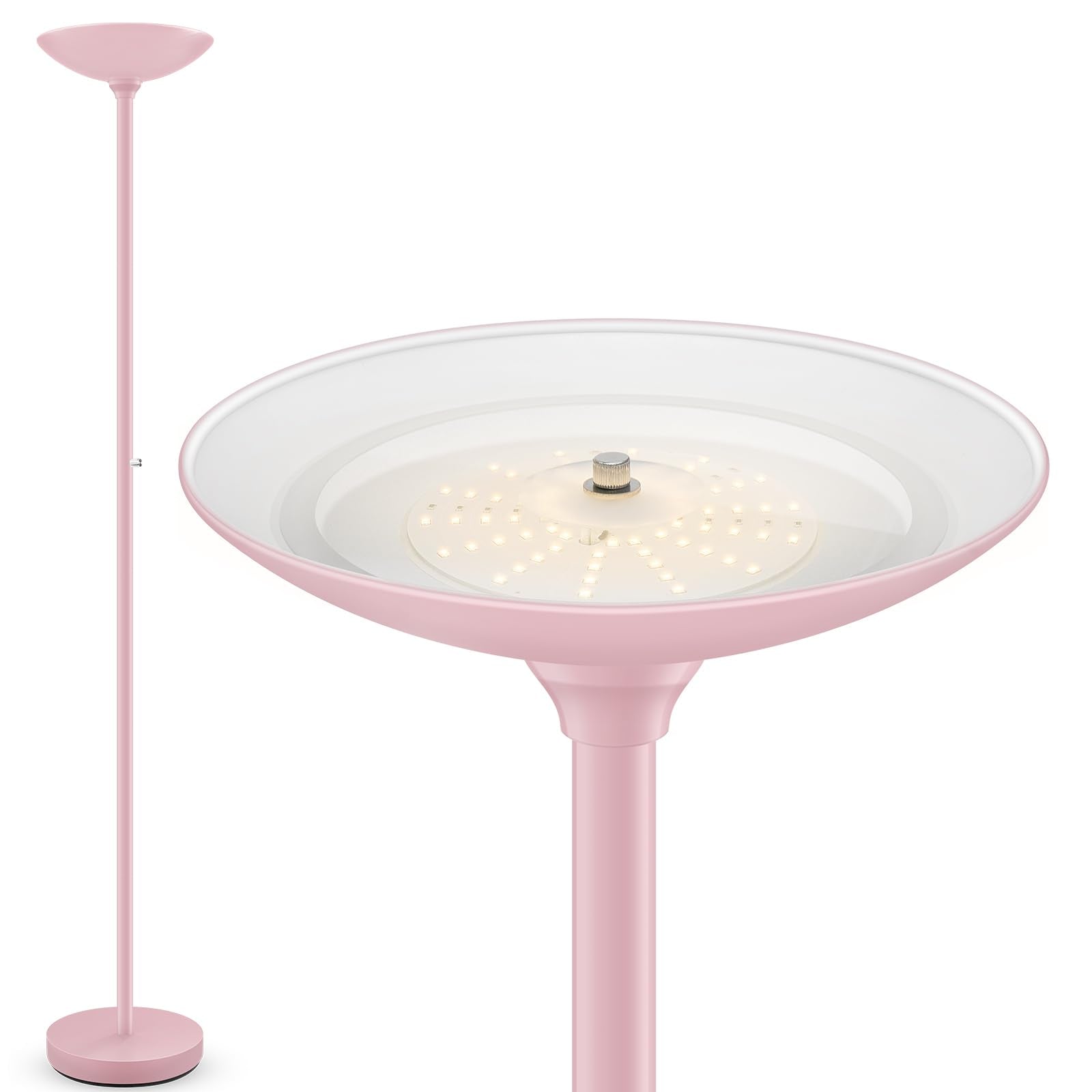 30W Pink Torchiere Floor Lamp, 3600LM Super Bright LED Pole Lamp, 71Inch Tall Stepless Dimmable Torch Lamp, 1Inch Thick Metal Tu