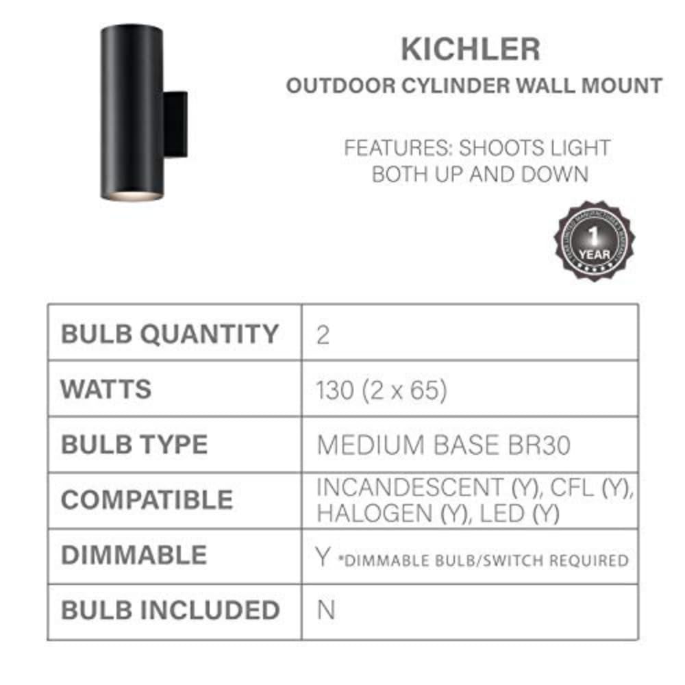 Kichler 2-Light Outdoor Wall Sconce, Black Aluminum Cylinder Fixture, 12in H x 5in W, Model 9244BK
