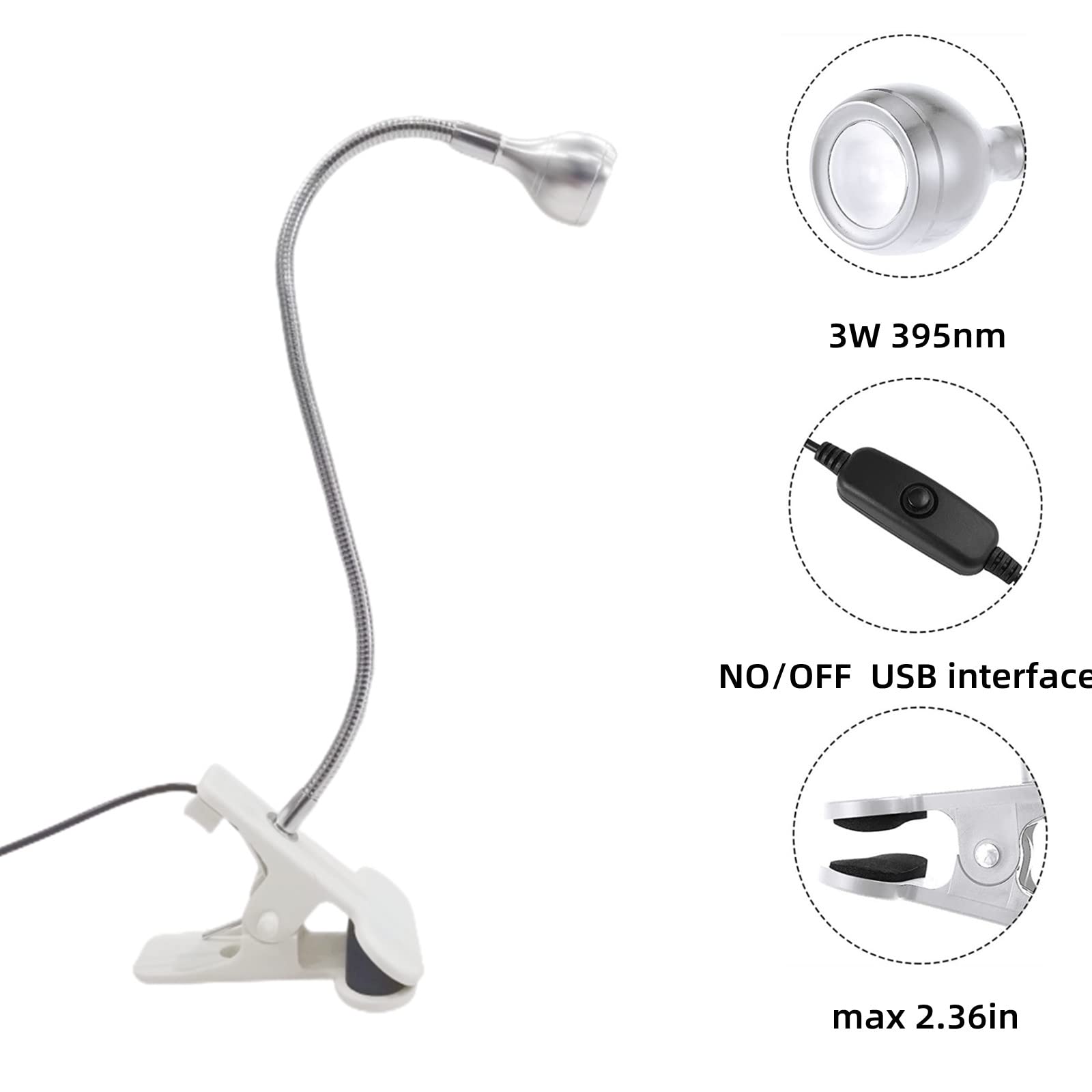 UV LED Light Fixtures with Gooseneck and Clamp Mini Desk Light Clamp Portable Gooseneck for Outdoor Stall Gel Nail Curing, 5V US