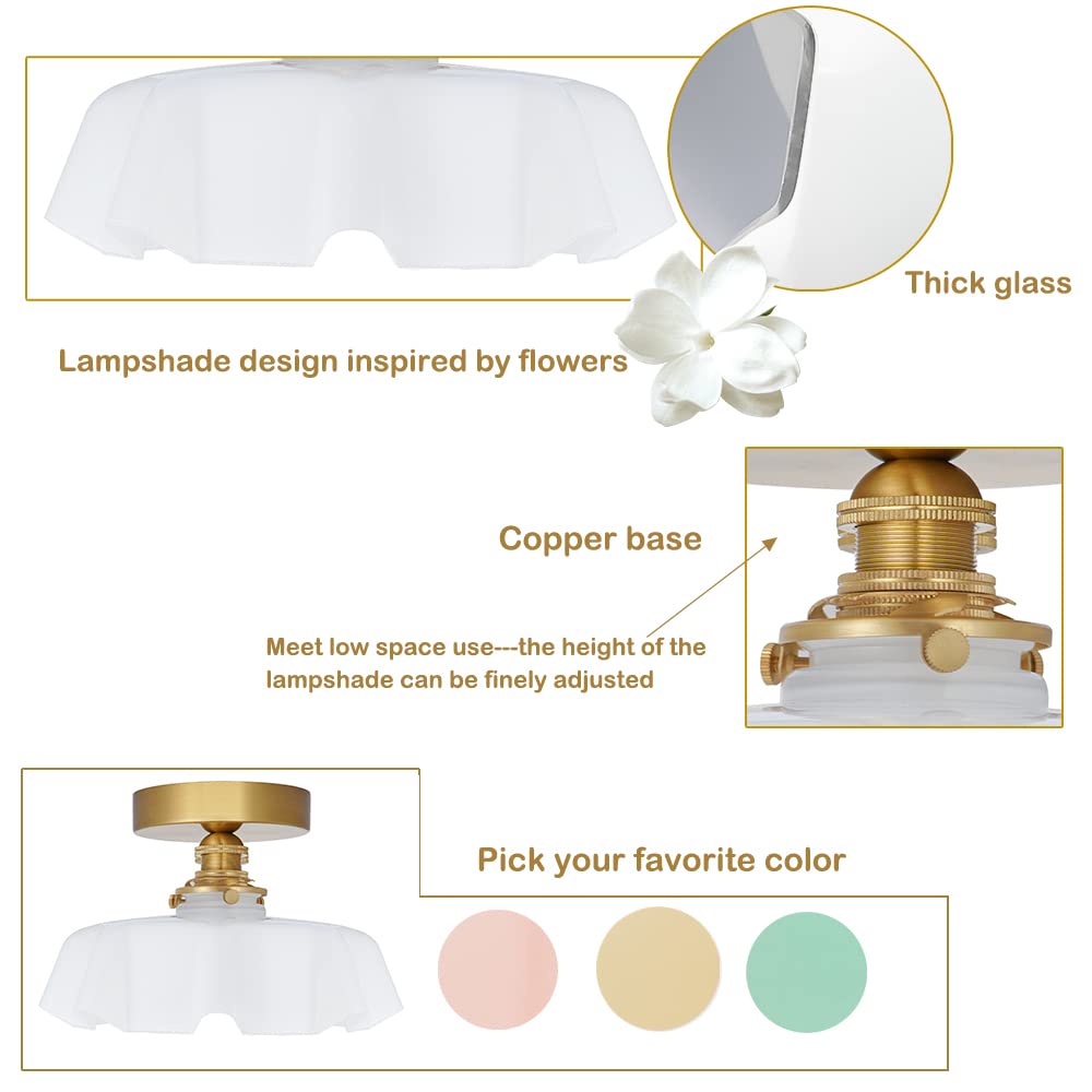 White Semi Flush Mount Ceiling Light, Brass Flush Mount Ceiling Light Vintage Flower Glass Light Fixtures, Farmhouse Overhead Li