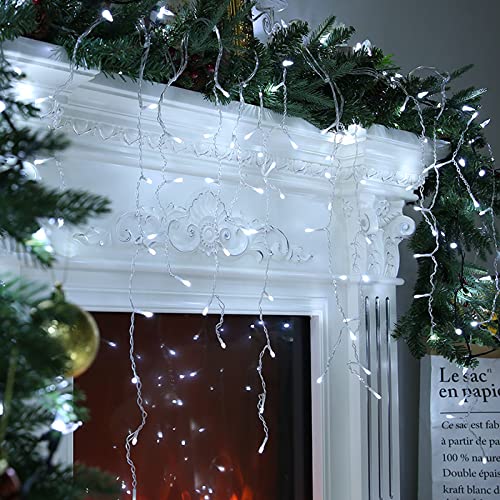 Lomotech Christmas Icicle Lights - 32Ft Waterproof, 8 Modes, Timer, White, Model SSL0200-I-24V