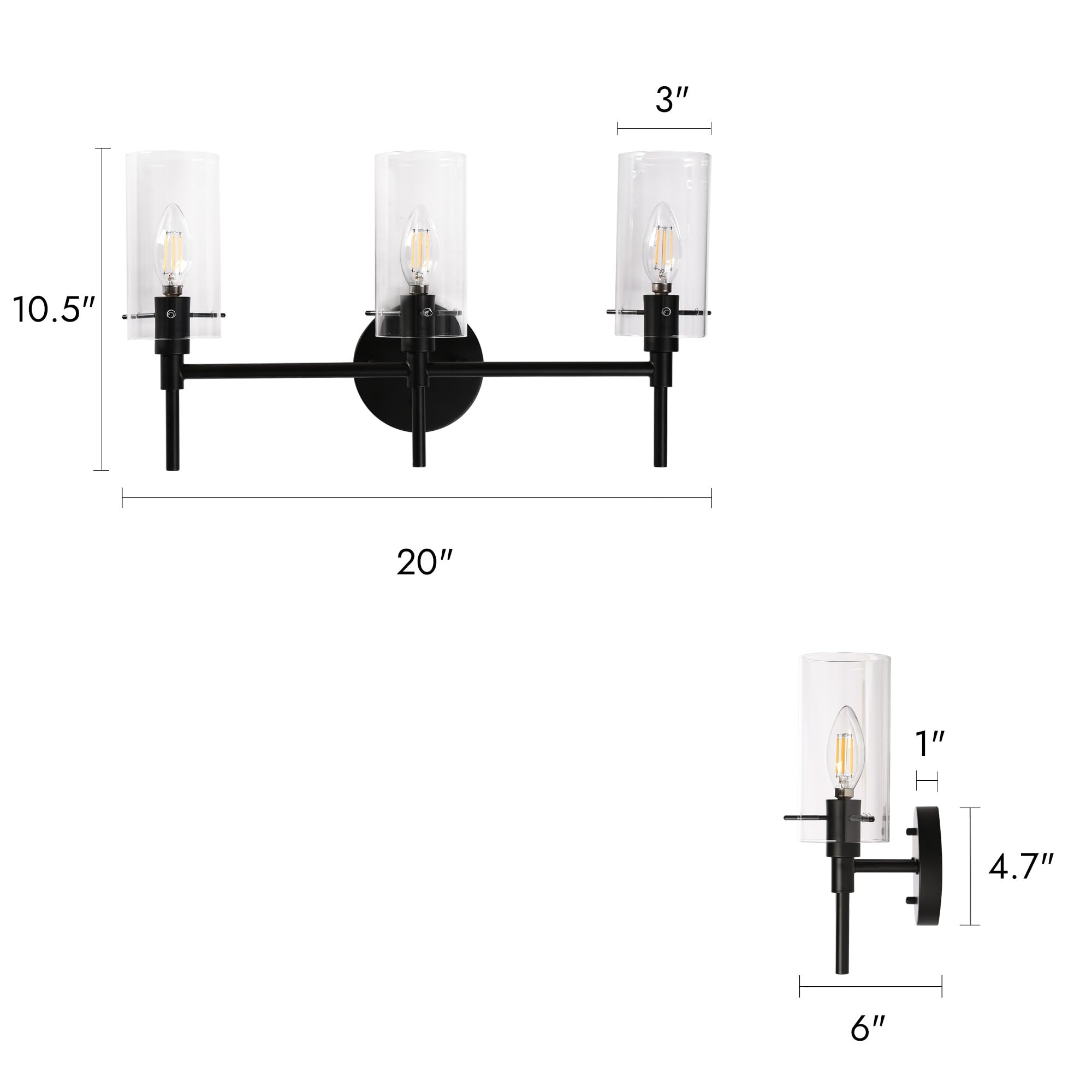 Black Vanity Light, Black 3-Light Bathroom Light Fixture Over Mirror, Modern Farmhouse Wall Lamp With Clear Glass For Bedroom, H
