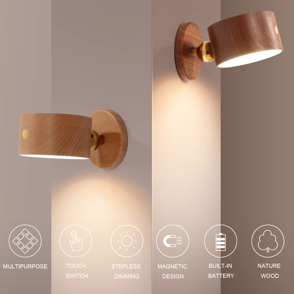 HBGFHG Wooden LED Wall Sconce, 360° Rotatable, Dimmable, Rechargeable, Battery Operated, Beech Wood, 2pcs, Model NO-HB01300