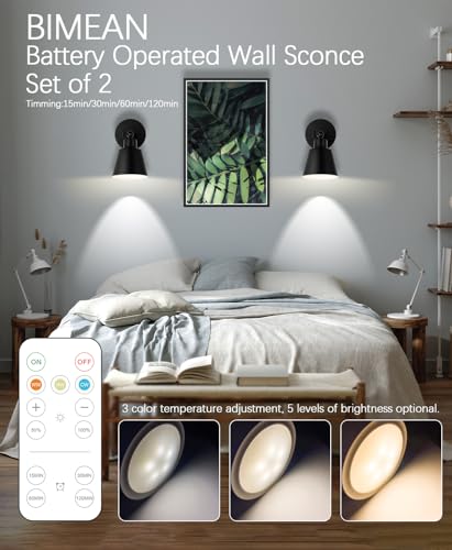 BIMEAN Black Battery Operated Wall Sconce Set of Two, Dimmable LED Lights with Remote Control for Bedroom, Gallery, Living Room