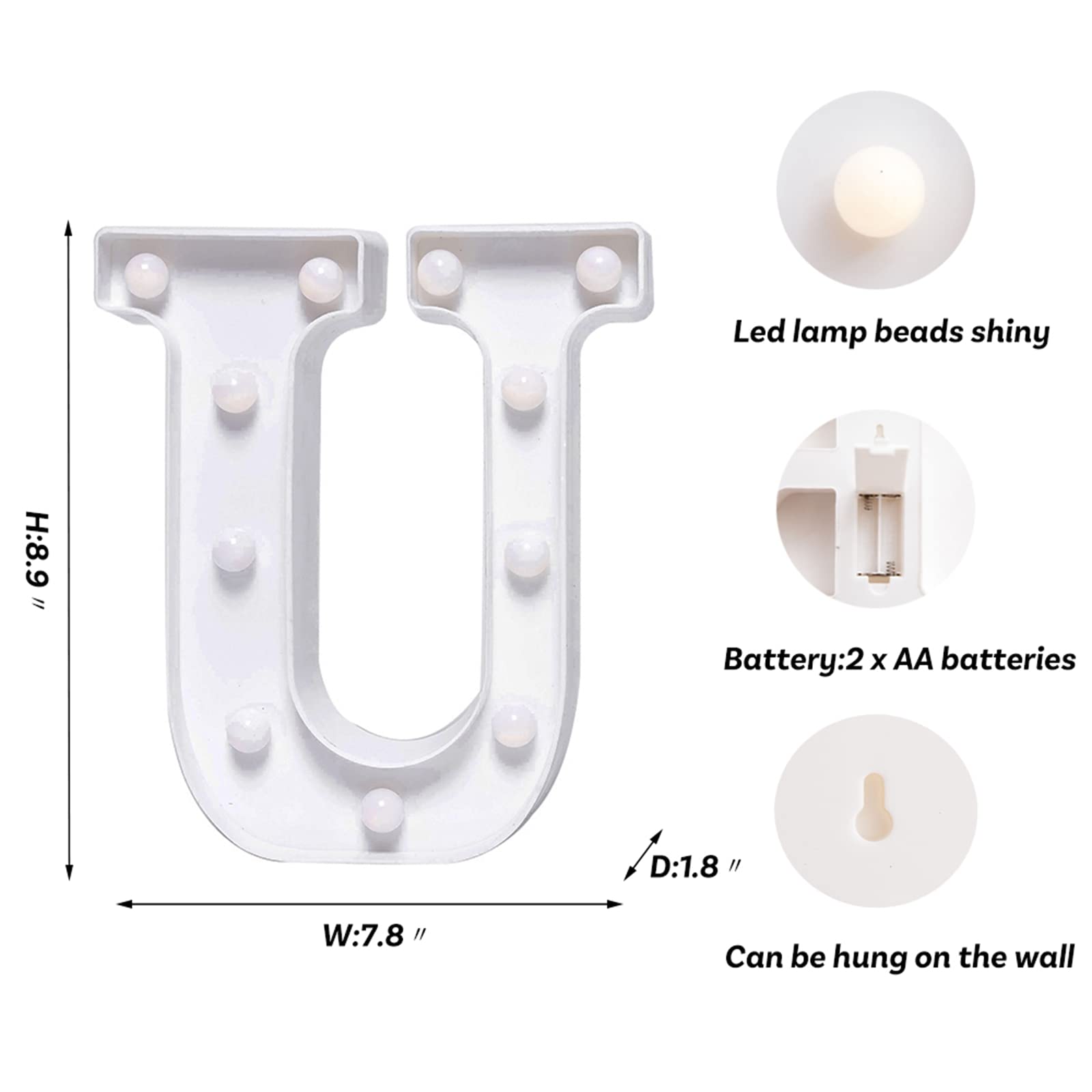 Foaky Led Letter Lights Sign Light Up Letters Sign For Night Light Wedding/Birthday Party Battery Powered Christmas Lamp Home Bar Decoration(U)