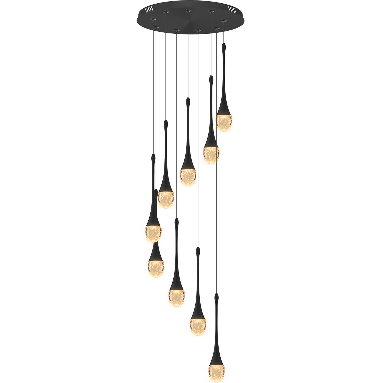 Ykolupty 9-Lights Black Pendant Chandliers 100'' High Staircase Ceiling Chandeliers Crystal Bubble Raindrop Lighting Chandelier Ceiling Living Room Dimmable 2700-6000K Led Dining Lighting