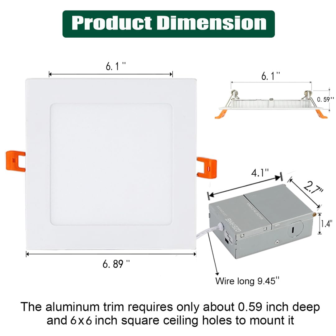 Qibang Square Led Recessed Lighting 6 Inch Dimmable With Junction Box,3Cct 3000K-4000K-6000K,1100Lm Cri90+ 12W Ultra-Thin Led Re