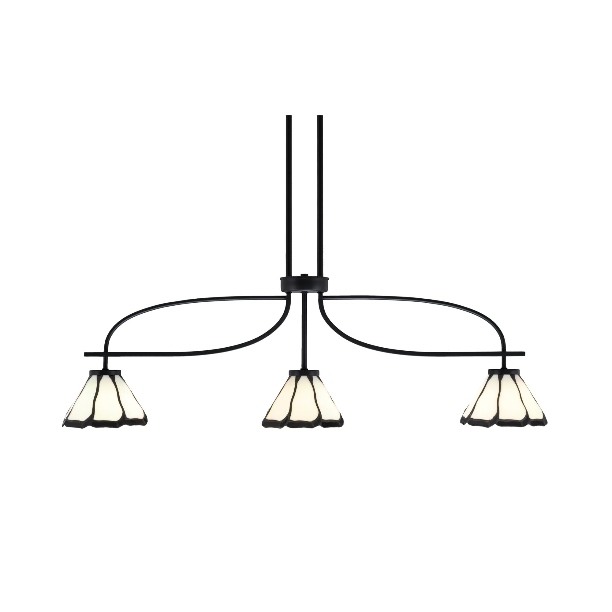 Cavella 3 Light Island Light Shown in Matte Black Finish with 7" Pearl & Black Flair Art Glass