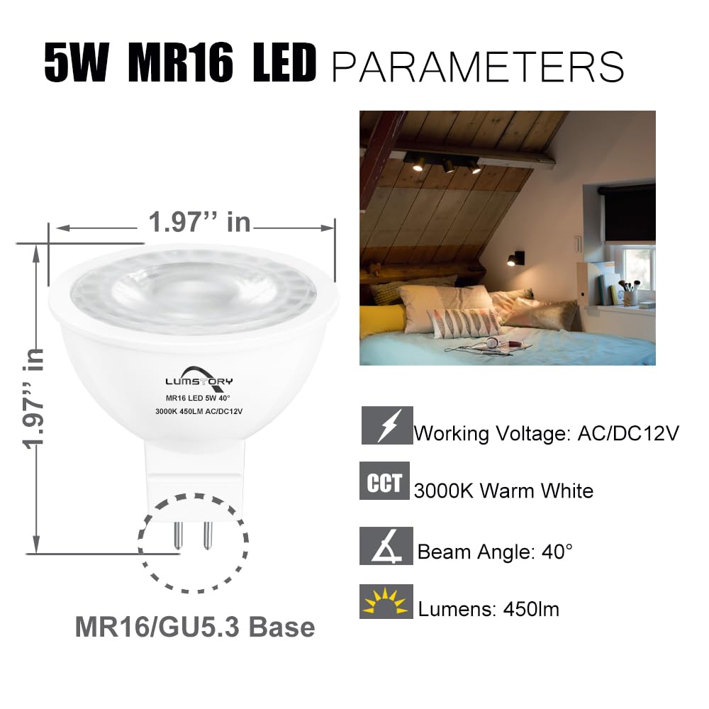 Lumstory Mr16 Led 12V 5W Warm White Bulb 450Lm 40° Flood Beam - 10-Pack Hal
