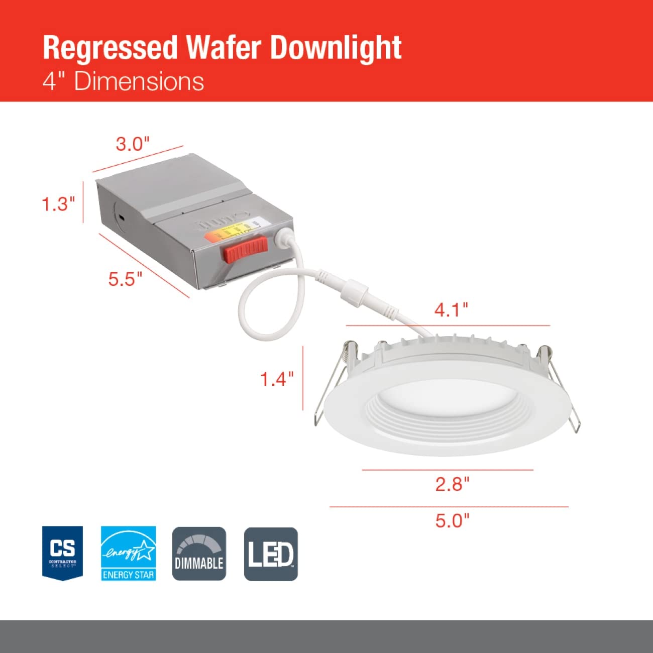Juno Wf4 Reg Sww5 90Cri Mw M6 Canless Wafer Recessed Led Downlight, Shallow Regressed Baffled Trim Style, 4-Inch, Matte White