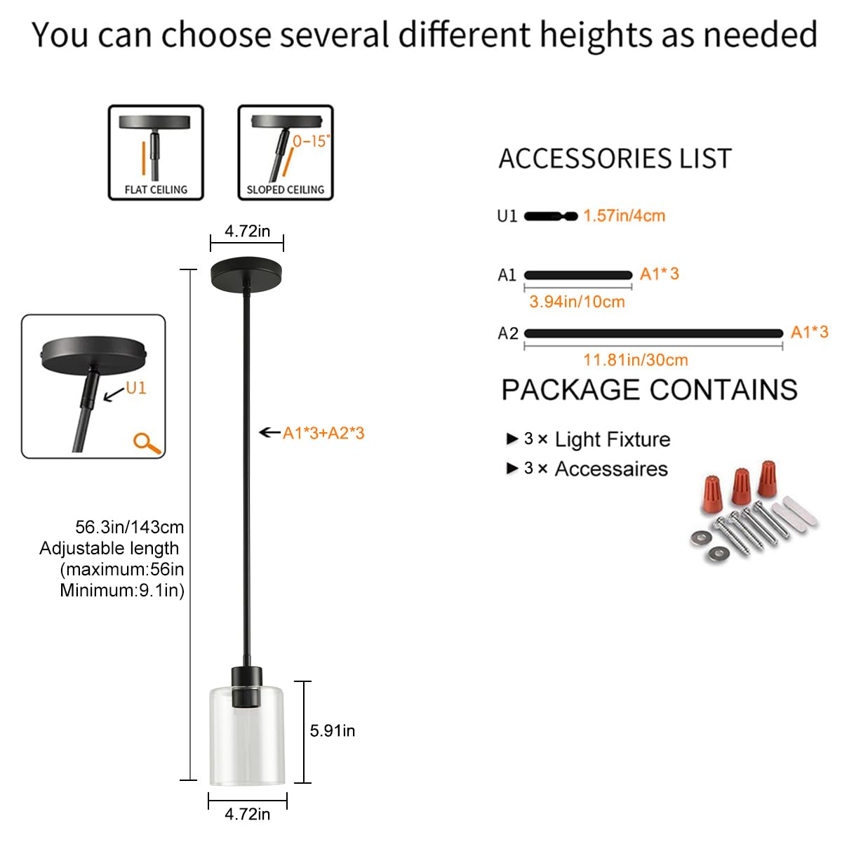 Klss Black Pendant Lights Kitchen Island - Clear Glass Pendant Light Fixture Multiple Stems Rods 3 Units 12 Inch 3 Units 4 Inch