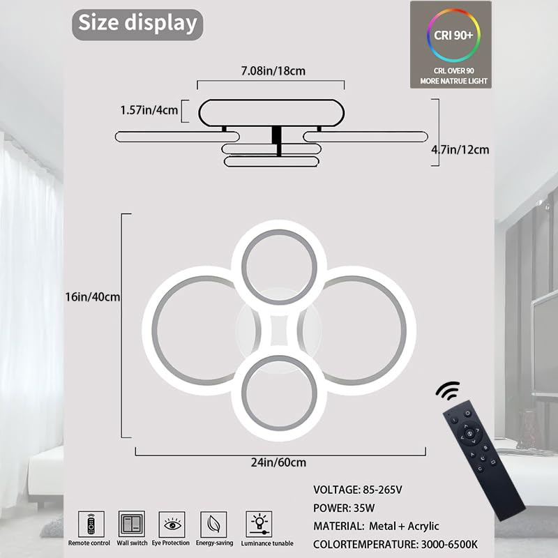 Cyaruy Led Ceiling Light With Remote, 3000K-6500K Dimmable, 4-Ring White Round Chandelier, Semi-Flush Mount Ceiling Lamp For Liv